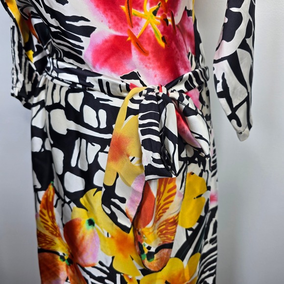 Vintage Cache Floral Print Dress Abstract Black White Pink Tie Waist‎ Midi - Picture 2 of 11